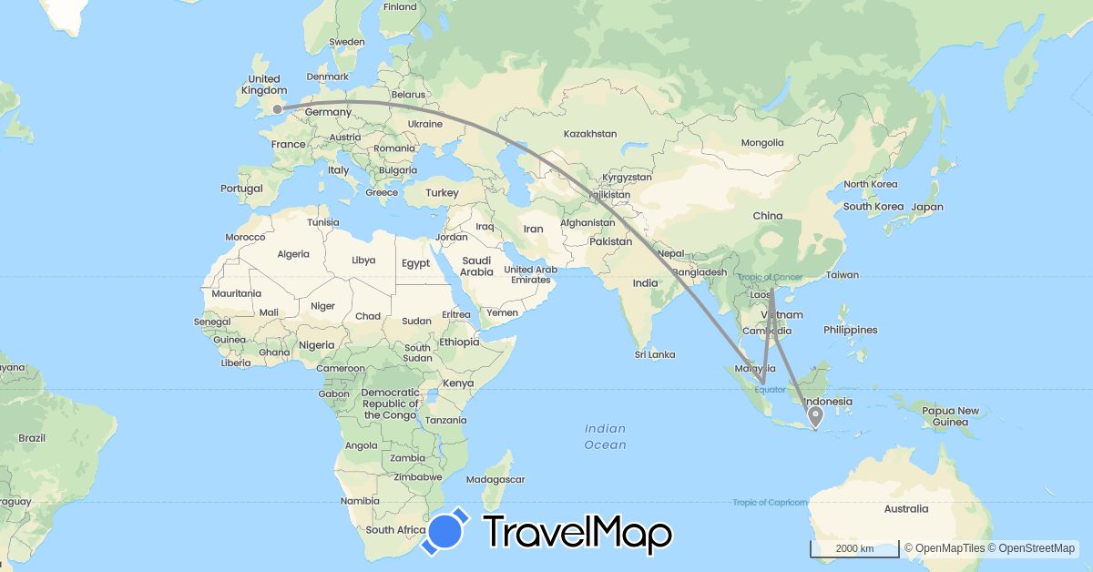 TravelMap itinerary: driving, plane in United Kingdom, Indonesia, Singapore, Vietnam (Asia, Europe)